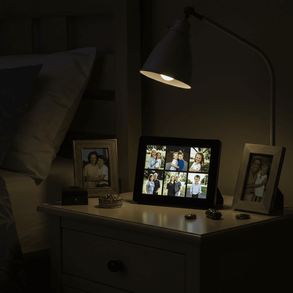 Digital frame on bedside table