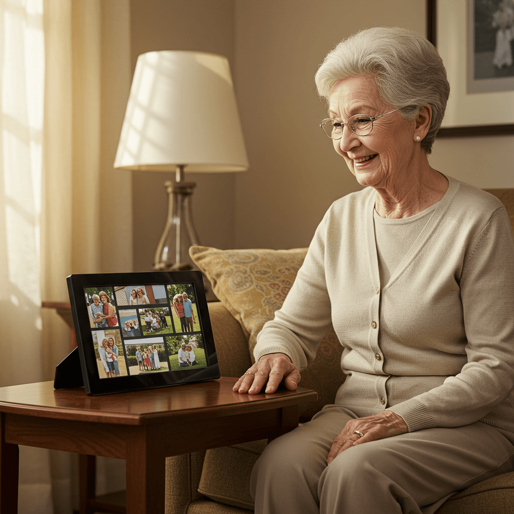 Elderly woman with digital frame